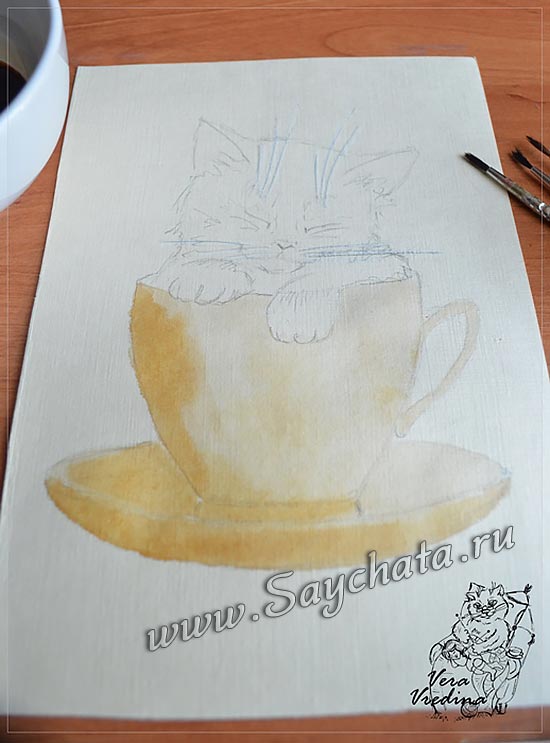 Рисунок котёнка акварелью из кофе - шаг 5