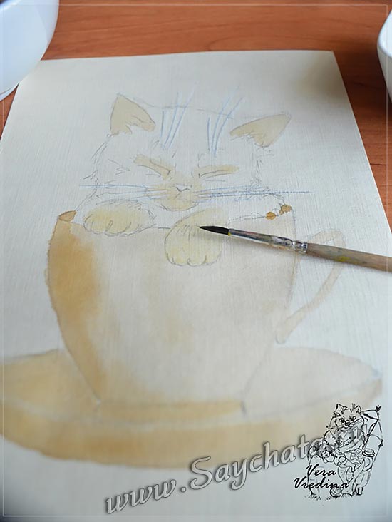 Рисунок котёнка акварелью из кофе - шаг 6