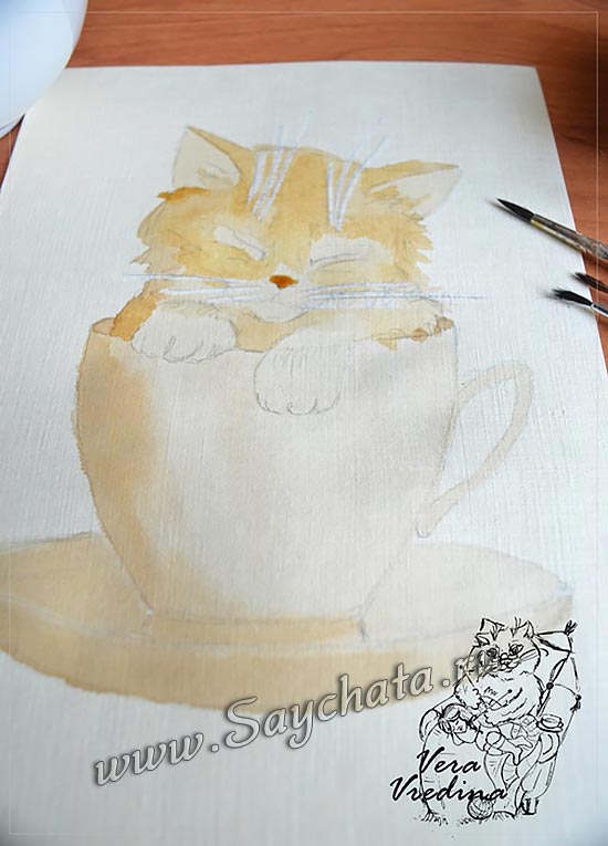 Рисунок котёнка акварелью из кофе - шаг 7