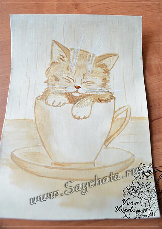 Котёнок акварелью из кофе